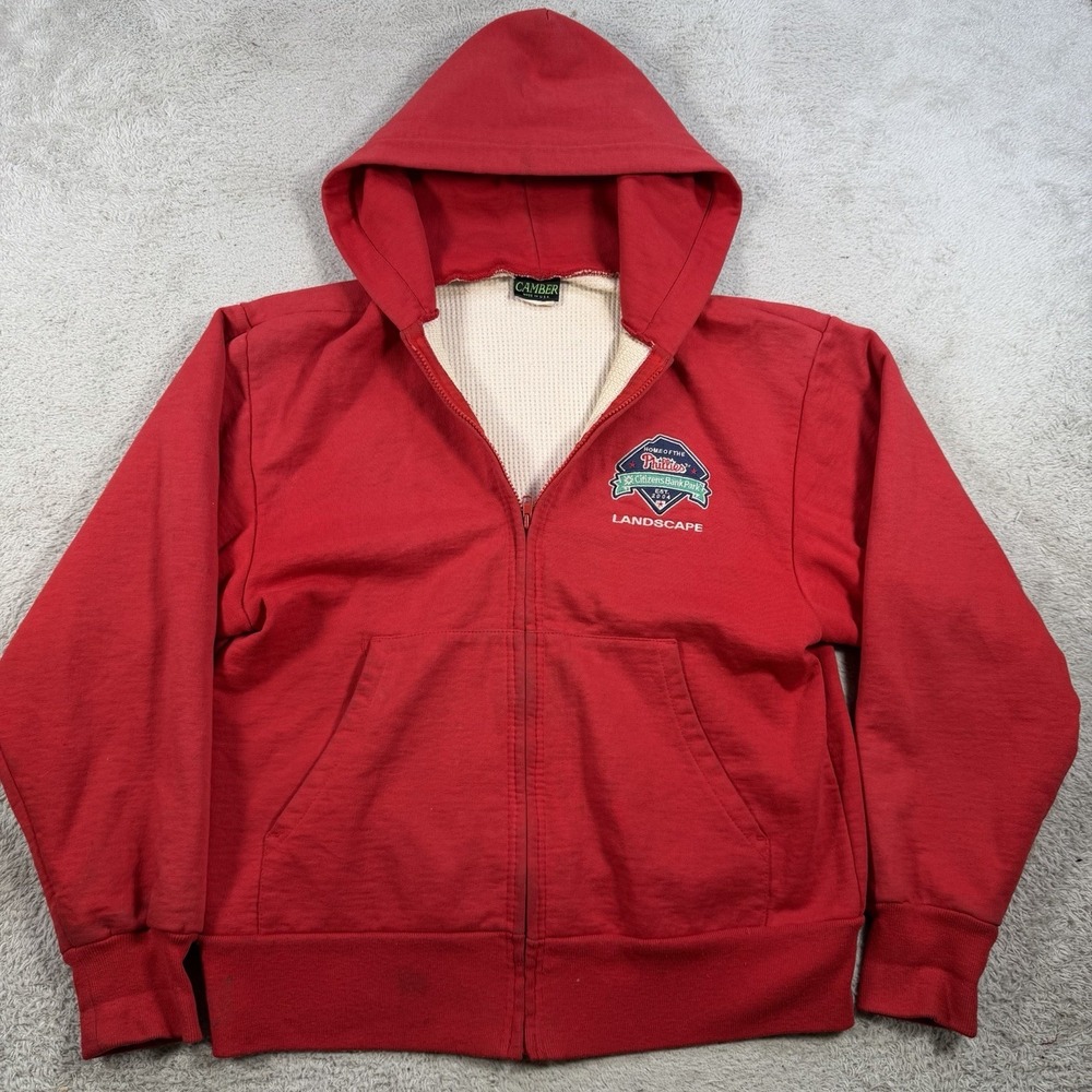 Vintage Camber Hoodie Mens Small Red Thermal Waffle Lined Phillies Full Zip USA
